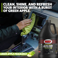 Person cleaning car interior with a green cloth, bottle of MA5x Ultra Shine Protectant product, and text about green apple fragrance.