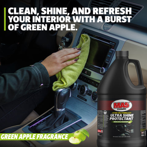 Person cleaning car interior with a green cloth, bottle of MA5x Ultra Shine Protectant product, and text about green apple fragrance.