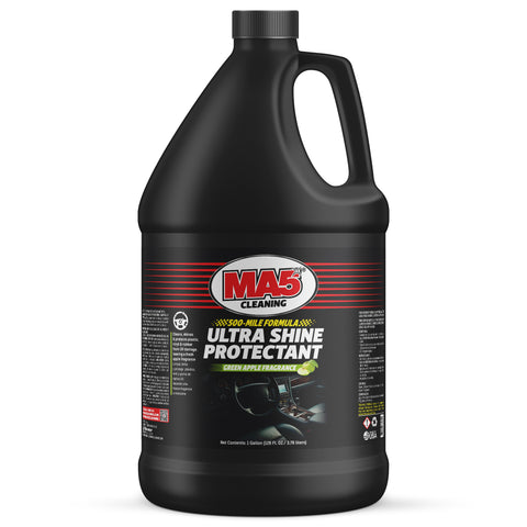 Black Gallon Container of MA5x Cleaning Ultra Shine Protectant, label with a dark background and showing interior car.