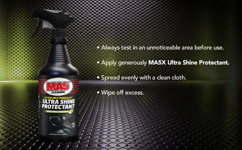 MA5x Ultra Shine Protectant spray 32oz bottle on a textured black background.