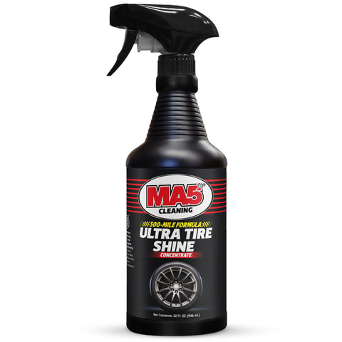 Black 32 oz spray bottle of MA5x Ultra Tire Shine, white and yellow letters on a black background with a tire and rim.