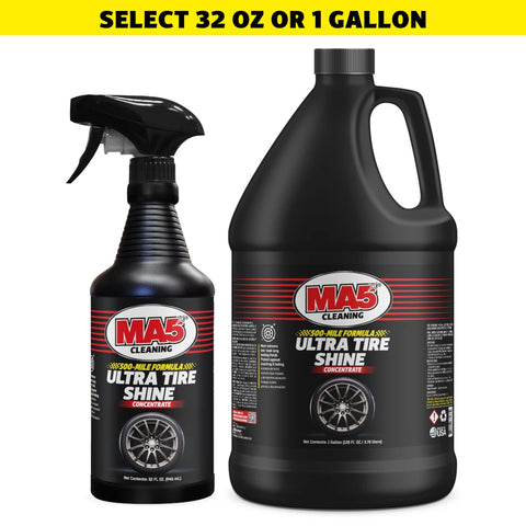 MA5x Ultra Tire Shine Spray bottle and gallon container on a white background with text for size selection.