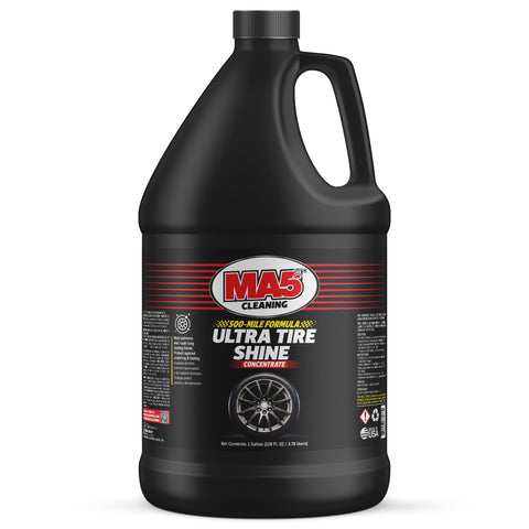 Black Gallon Container of MA5x Ultra Tire Shine, white and yellow letters on a black background with a tire and rim.