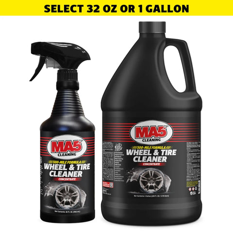 MA5x Wheel & Tire Cleaner spray bottle and gallon container on a white background with text for size selection.