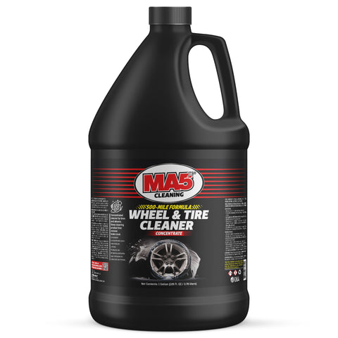 Black Gallon Container of MA5x Wheel & Tire Cleaner, label with a black background and tire and rim being washed. 