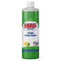 Green 32oz bottle of MA5x Cleaning Pure Dish Soap with a white and green label. Features bold blue product name, red and blue brand logo, and images of limes and clean dishes. Includes usage and safety info. Net contents: 32 FL OZ (946 mL). Designed for effective dishwashing with a fresh lime scent.