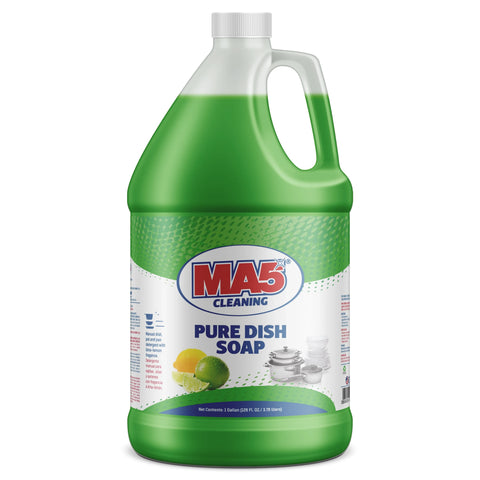 Green 1-gallon container of MA5x Cleaning Pure Dish Soap with a white and green label. Features bold blue product name, red and blue brand logo, and images of limes and clean dishes. Includes usage and safety info. Net contents: 128 FL OZ (3.78 L). Designed for effective dishwashing with a fresh lime scent.