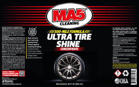 MA5x Cleaning Ultra Tire Shine Concentrate 32 oz  label with tire and branding on a black background