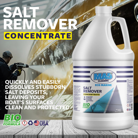 MA5x Salt Remover Gallon Container with a boat being cleaned in the background, with text description about uses and safe formula.